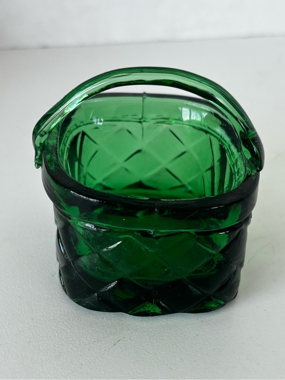 Vintage Miniature Diamond Pattern Green Glass Basket with Handle